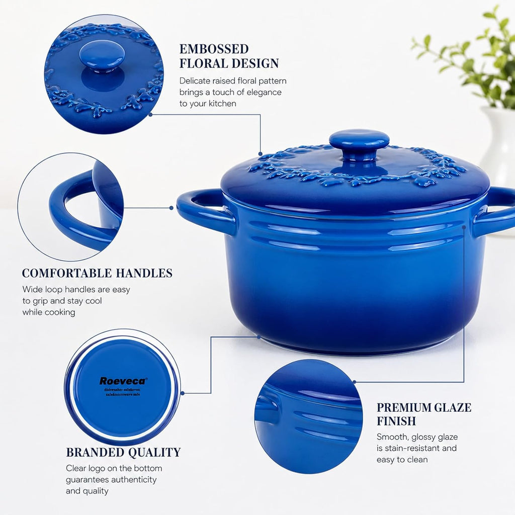 Mini Cocotte 16oz Ceramic Casserole Dishes with Handles & Lid,Set of 4 Oven Microwave Dishwasher Safe Ramekins
