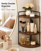 3-Tier Corner Bathroom Counter Organizer, Pine Vanity Shelf, Warm Walnut