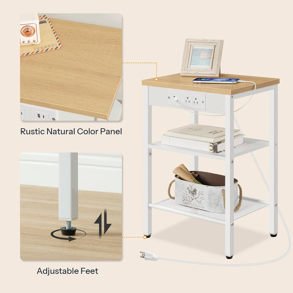 HOOBRO Side Table with Charging Station, Small End Table for Small Space