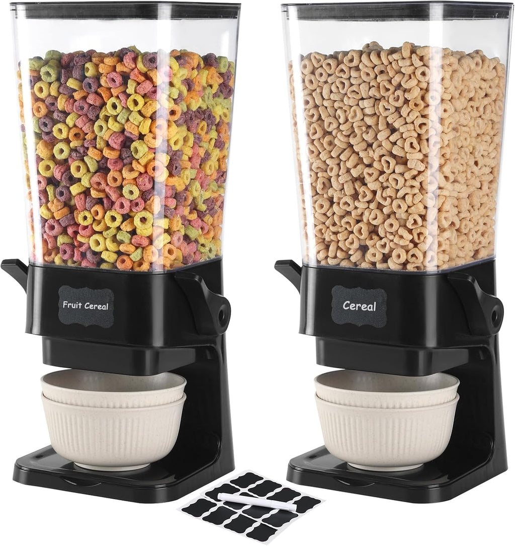Cereal Dispenser Countertop with Cereal Bowls,16 Labels & Pen, Cereal Containers Storage, Candy Dispenser, Dry Food Dispenser For Pantry - Not Easy to Crush Food (Black, 2 Pack)