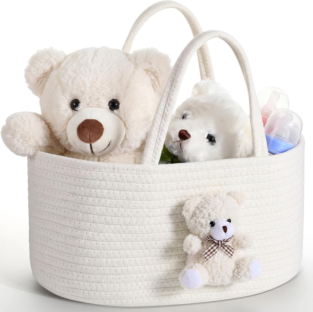 FoldTier Diaper Caddy Organizer Teddy Bear Basket for Nursery with Handle Baby Shower Storage Bin Portable Cotton Rope Gift Bag for Changing Table Cart Car Baby Wipes Newborn Essentials(Gray White)