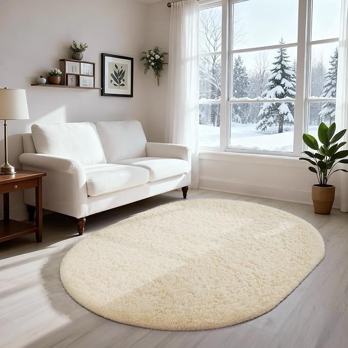 Ophanie 3x5 Oval Ivory Rugs for Bedroom Living Room, Fluffy Fuzzy Furry Carpet by Ophanie