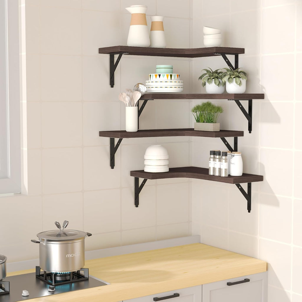 ROMGUAR CRAFT Corner Floating Shelves Wall Mounted Set of 4, Brown