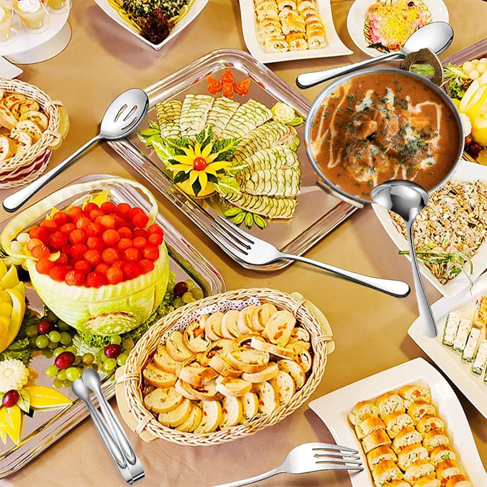 8 PCS Stainless Steel Serving Utensils, Large Serving Spoons Slotted Spoons, Forks, Ice Suger Tongs, Cake Server, Soup Ladle, Metal Utensils Set Great for Buffet Catering Banquet Party, Silver