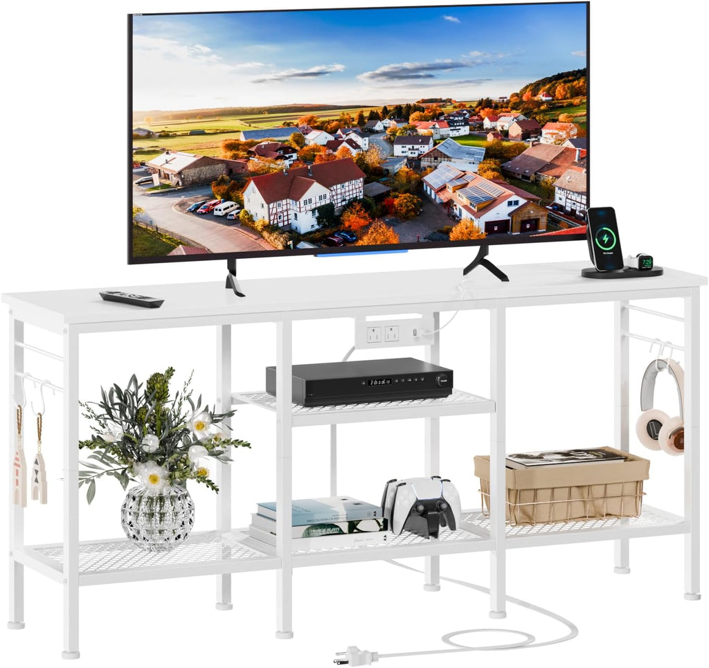 Furologee TV Stand with Power Outlets, Entertainment Center with Open Storage Shelves for TVs up to 55 Inch, Media Console Table with Soundbar Shelf for Living Room, Bedroom, Black Oak