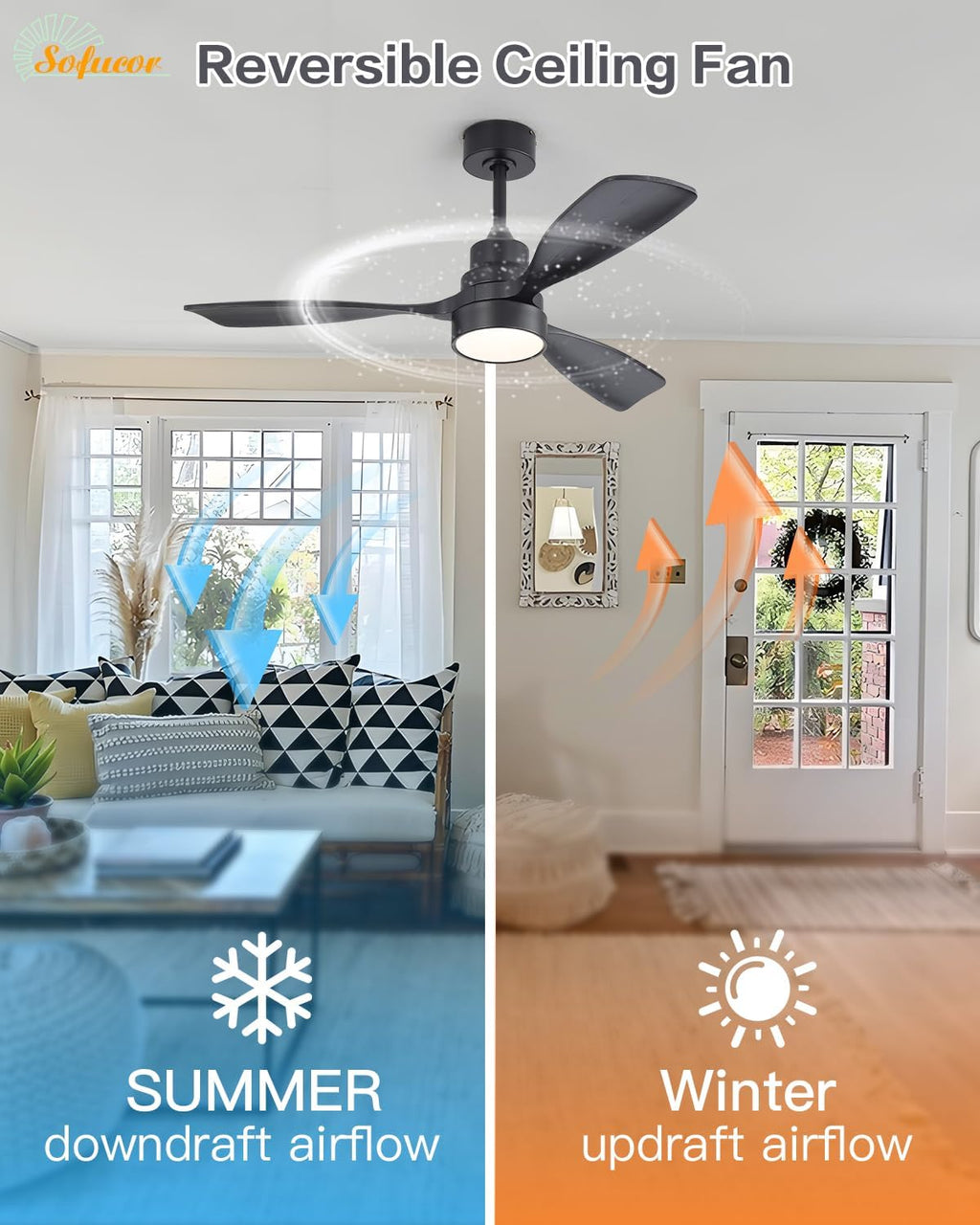 Sofucor 48 Inch Wood Ceiling Fans with Lights, Flush/Downrod Mount, Black