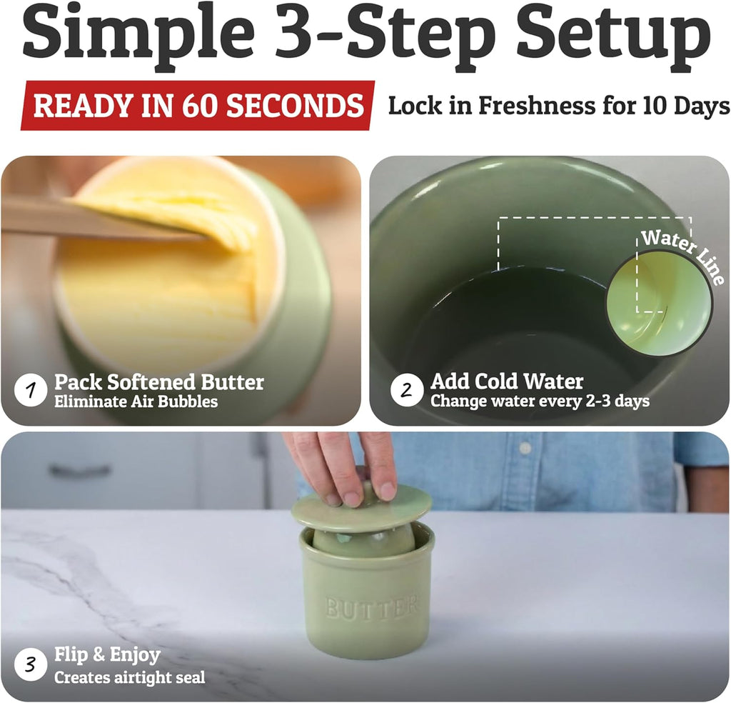 Priority Chef Butter Crock with Lid for Countertop with Spreader Knife and Water Line, Soft Spreadable Butter, Ceramic French Butter Dish with Lid, Sage