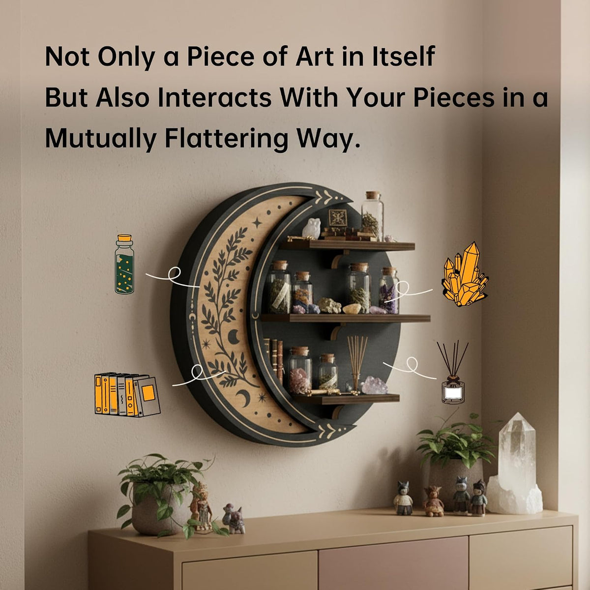 Wall Shelves for Bedroom, Moon Shelf with LED Light, Whimsical Decor