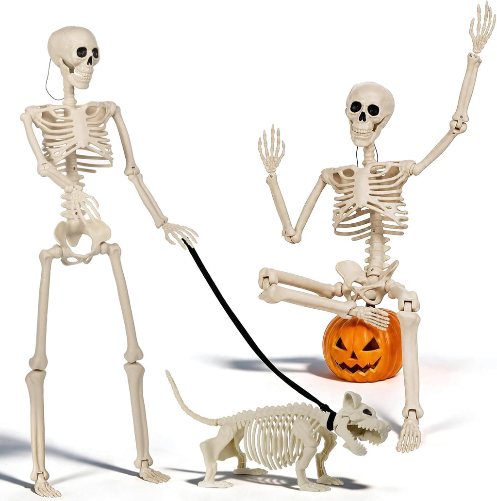3PC 35.4" Halloween Skeleton with Dog, Posable Skeleton with Full Body Movable Joints for Halloween Decor, Well Made Hanging Plastic Skeleton for Indoor Outdoor Yard, Patio,Front Porch