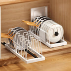 Mustorn 2 Pack Pots and Pans Organizer Under Cabinet, 22" Expandable Food Storage Container Lid Organizers with 9 Adjustable Dividers Pot and Pan Lid Holders Rack Inside Cabinet/Countertop(White)