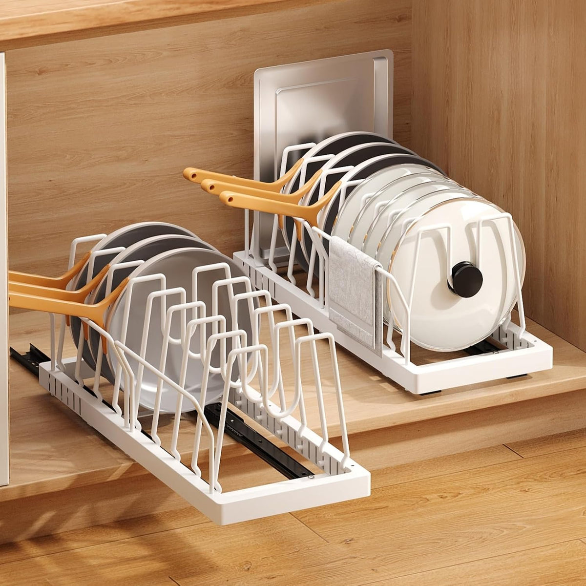 Mustorn 2 Pack Pots and Pans Organizer Under Cabinet, 22" Expandable Food Storage Container Lid Organizers with 9 Adjustable Dividers Pot and Pan Lid Holders Rack Inside Cabinet/Countertop(White)