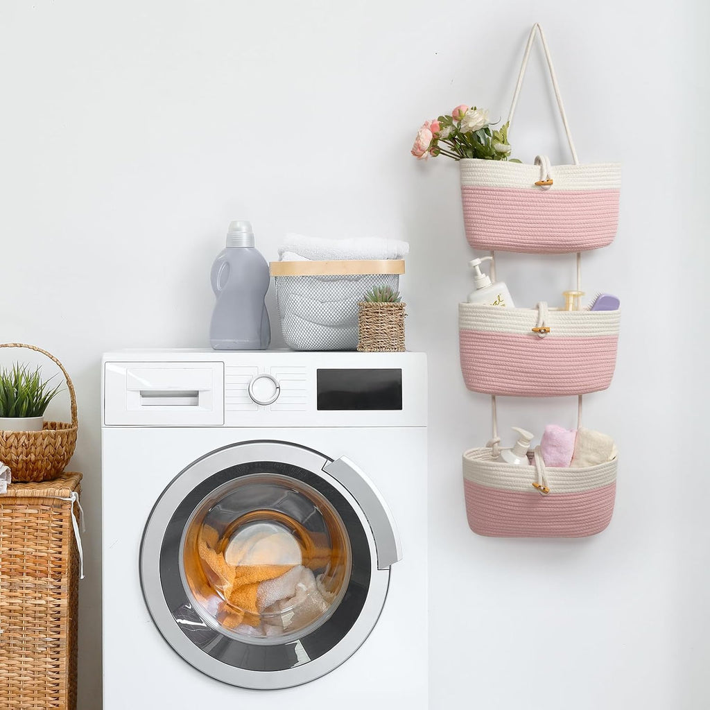 Over The Door Hanging Baskets with Button Strap, 3-Tier Woven Cotton Storage Organizer Bag, Wall-Mounted with Hook Decorative Hanging Nursery Baskets - Pink+White