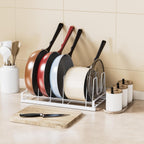 Food Container Lid Organizer Rack with Adjustable 6 Dividers, White
