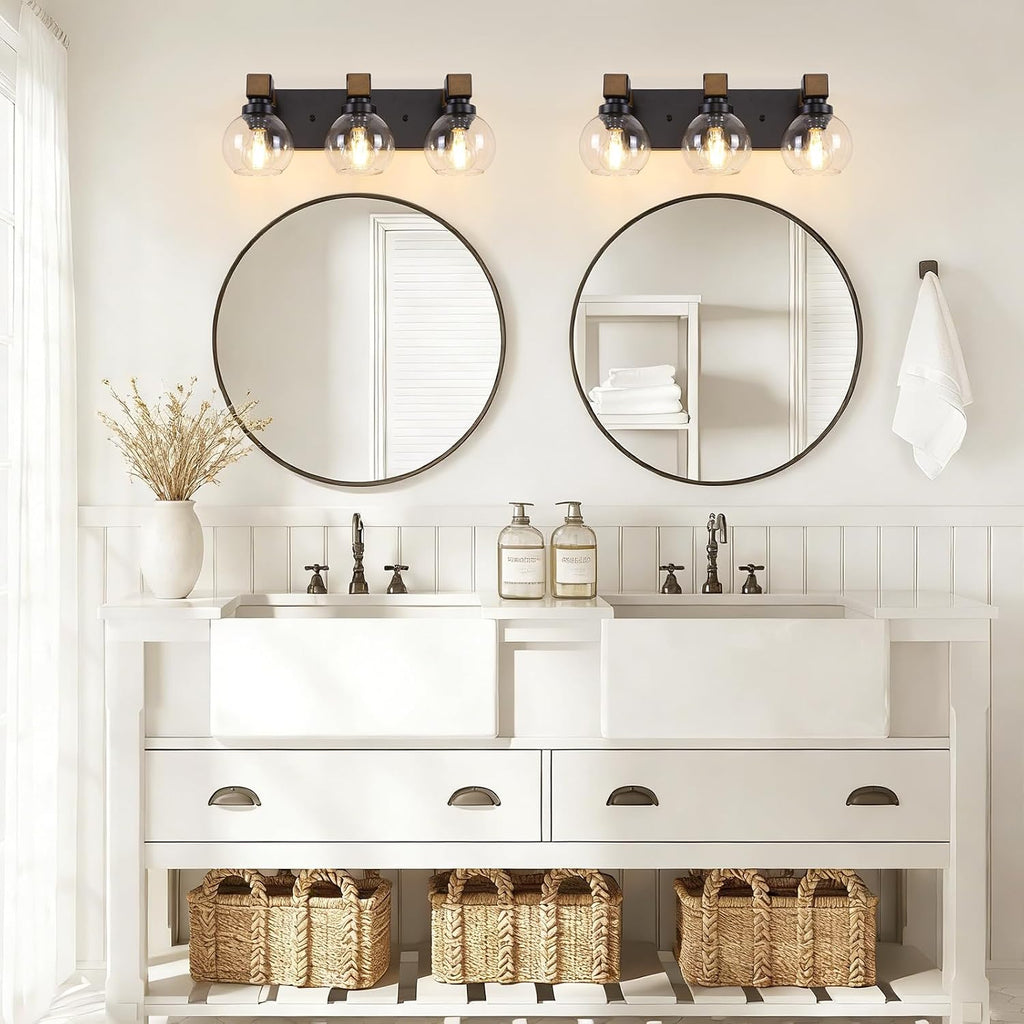 Farmhouse Bathroom Light Fixtures, 3-Light Rustic Wood Bathroom Lights Over Mirror with Glass Globe Shades, Matte Black Wall Mounted Lamp Vanity Lights for Bathroom Bedroom Living Room Cabinet