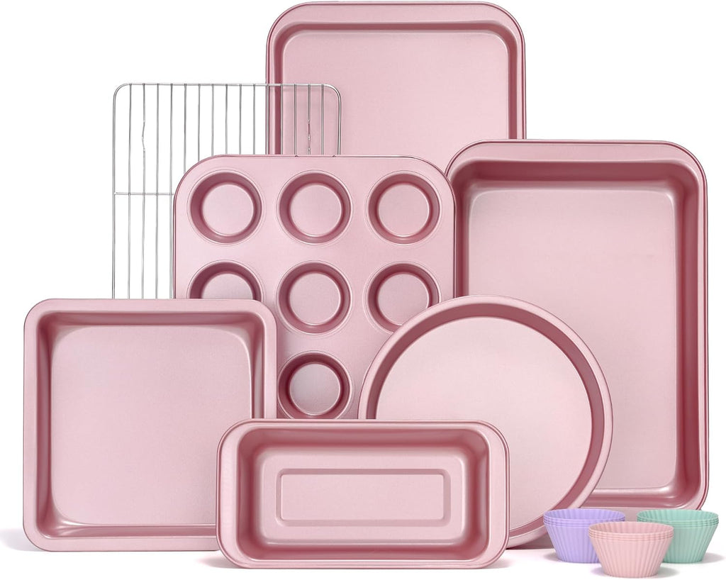 KITESSENSU Baking Pans Sets, Nonstick Bakeware Sets 19-Piece with Round/Square Cake Pan, Loaf Pan, Muffin Pan, Cookie Sheet, Roast Pan, Cooling Rack, Carbon Steel Bake Set Pink