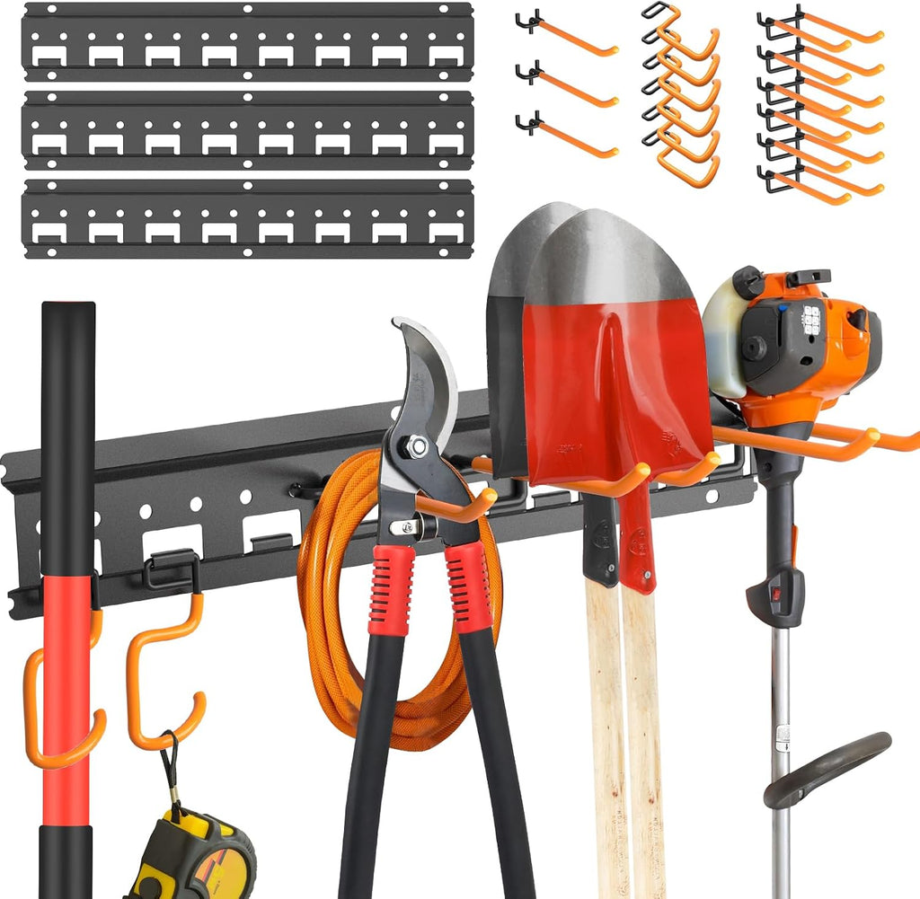 Garden Tool Organizer Wall Mount - Garage Storage and Organization Yard Tool Hanger with Adjustable Pegboard Hooks Shed Rack for Broom Mop Shovel Rake Trimmers, 48 inch Max 550lbs, Black