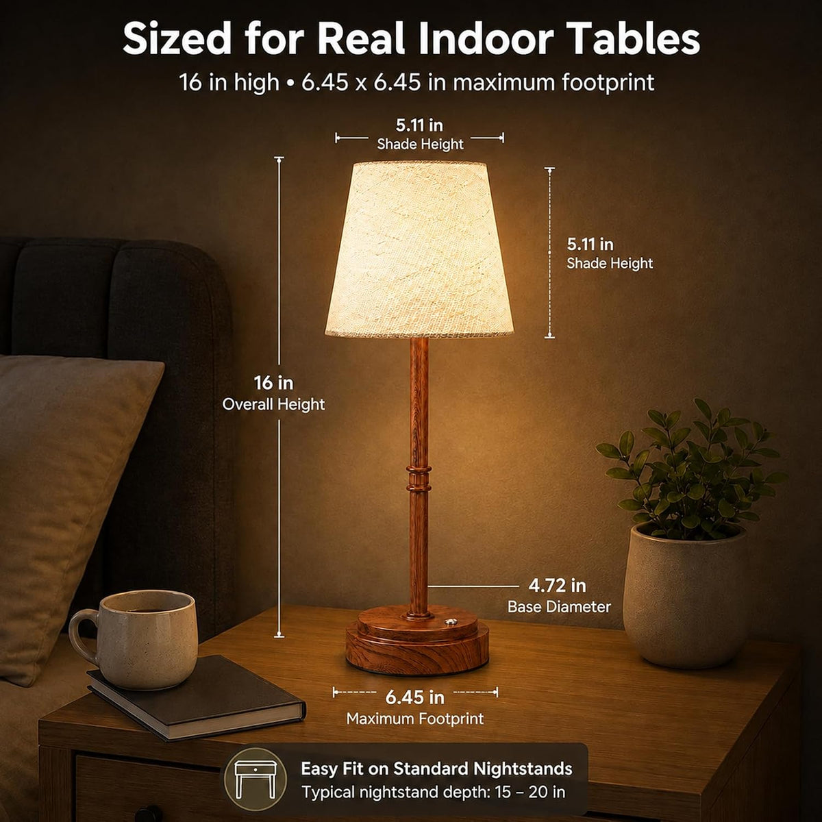 Rechargeable Cordless Table Lamp, Battery Operated Bedside Lamp, Wood Grain