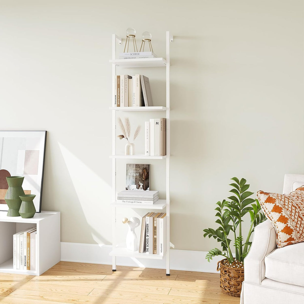 ELYKEN Ladder Shelf, 5-Tier Wood Wall Mounted Ladder Bookshelf