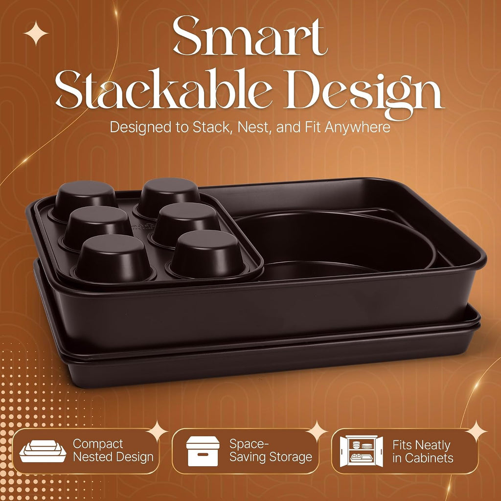 Nonstick Bakeware Set 8 Piece - Stackable Baking Pan Set, Oven safe 450°F, Carbon Steel Baking Set with Muffin, Loaf, Cookie Sheets & Roaster, Easy Storage, BPA-Free (Dark Brown)