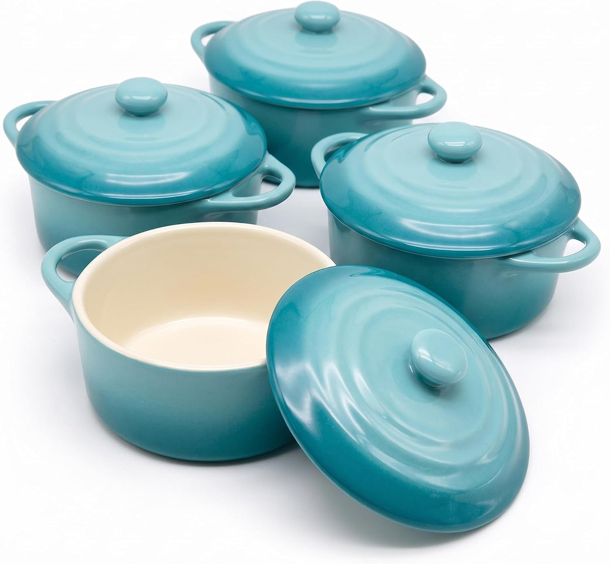 Kook Mini Cocotte, Lids, Handles, Dutch Oven, Set of 4, 12 oz, Forest Green