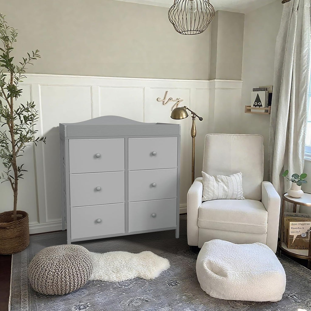 BOLUO Changing Table Dresser with 6 Fabric Drawers, Baby Dresser with Changing Table Top Diaper Changing Station with Storage for Nursery Modern Grey