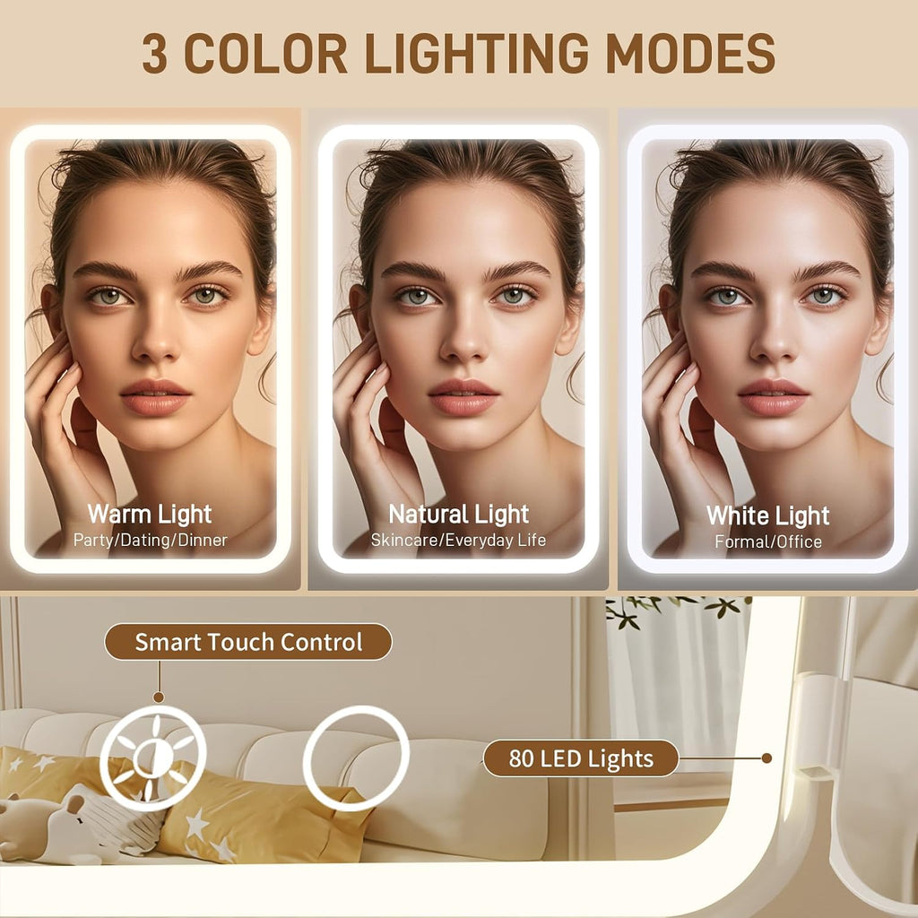FRANO Rechargeable Trifold Makeup Mirror with Lights, 1X/3X/5X Magnification, Cordless 3-Color LED Vanity Mirror for Travel & Desk, Up to 20H Use, Ideal Gift for Women & Teens - Pink