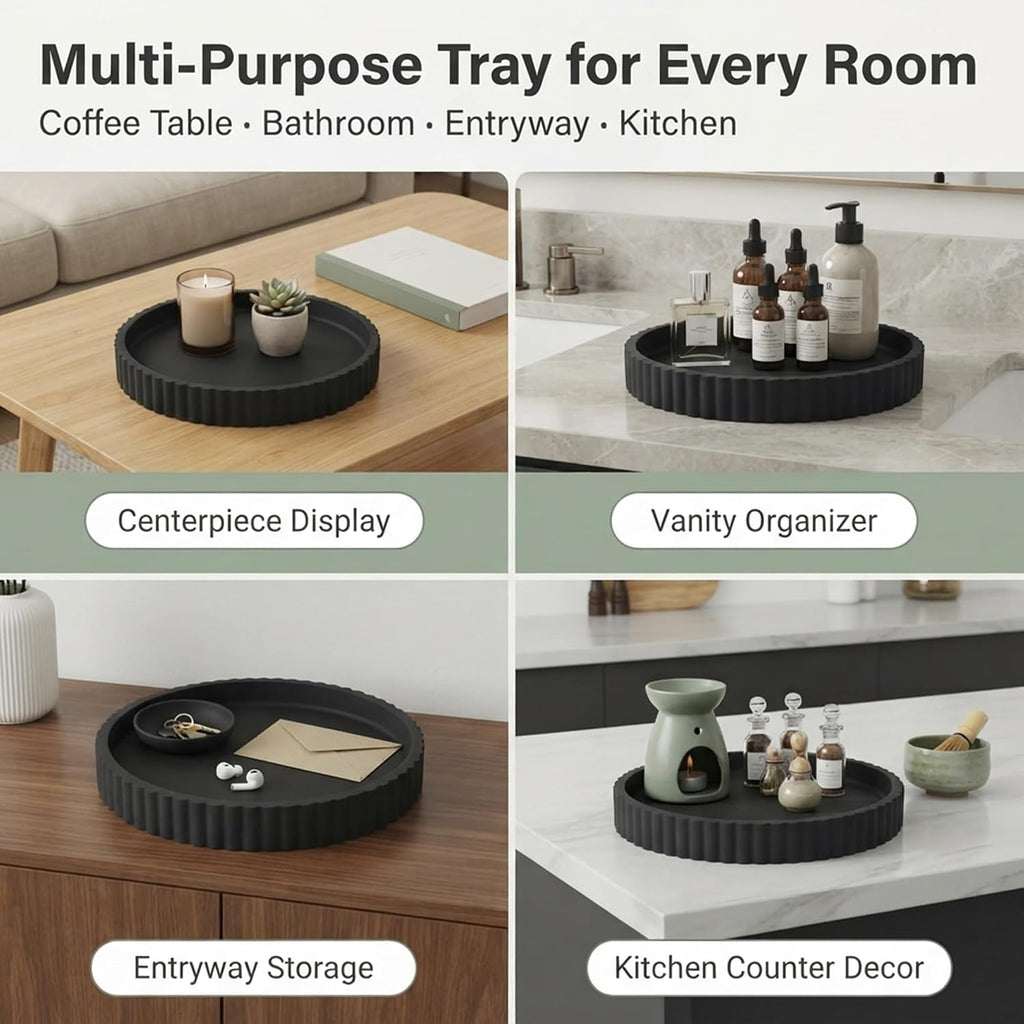 Round Solid Concrete Tray, Fluted Centerpiece for Coffee Table Decor 11"