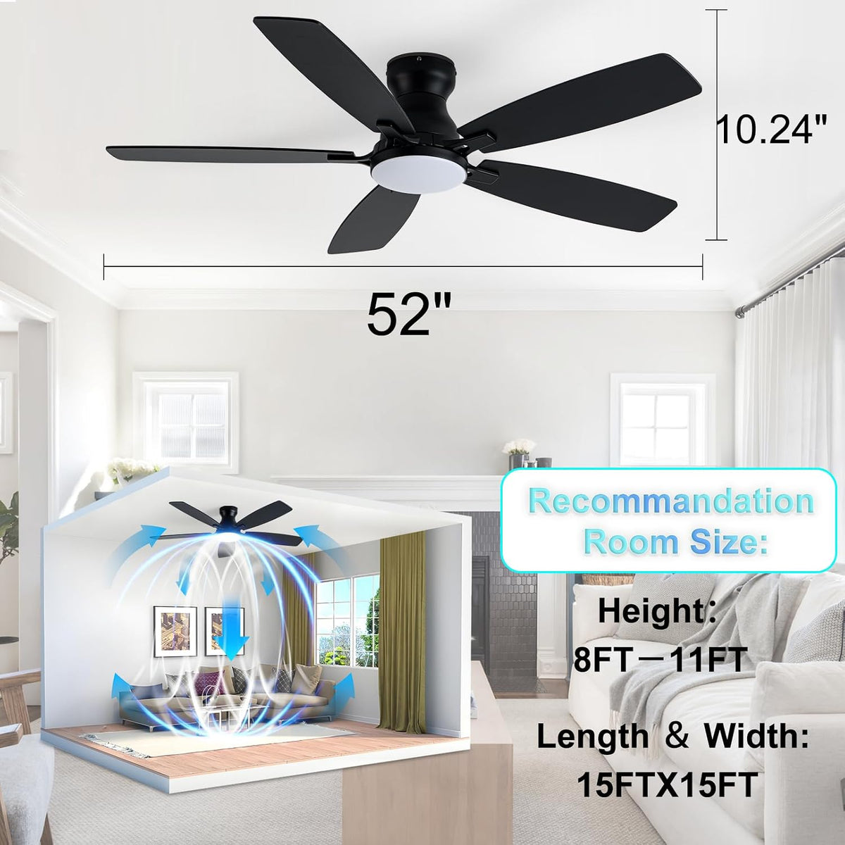Coolwind 52'' Black Ceiling Fan with Light, Flush Mount, Remote APP Control