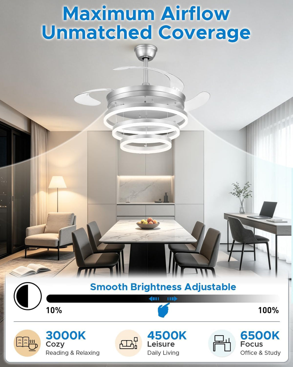 48 Inch Retractable Ceiling Fans with Lights and Remote, Modern Chandelier Fandelier Ceiling Fans, Quiet Reversible DC Motor, 6 Speeds, 3 Color Dimmable LED for Bedroom Living Room (Silver)