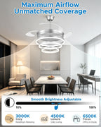 48 Inch Retractable Ceiling Fans with Lights and Remote, Modern Chandelier Fandelier Ceiling Fans, Quiet Reversible DC Motor, 6 Speeds, 3 Color Dimmable LED for Bedroom Living Room (Silver)