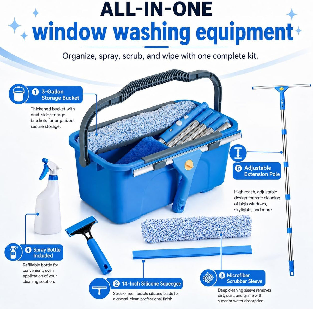 Window Cleaning Kit with 3 Gal Bucket,14''Squeegee and 15''Scrubber
