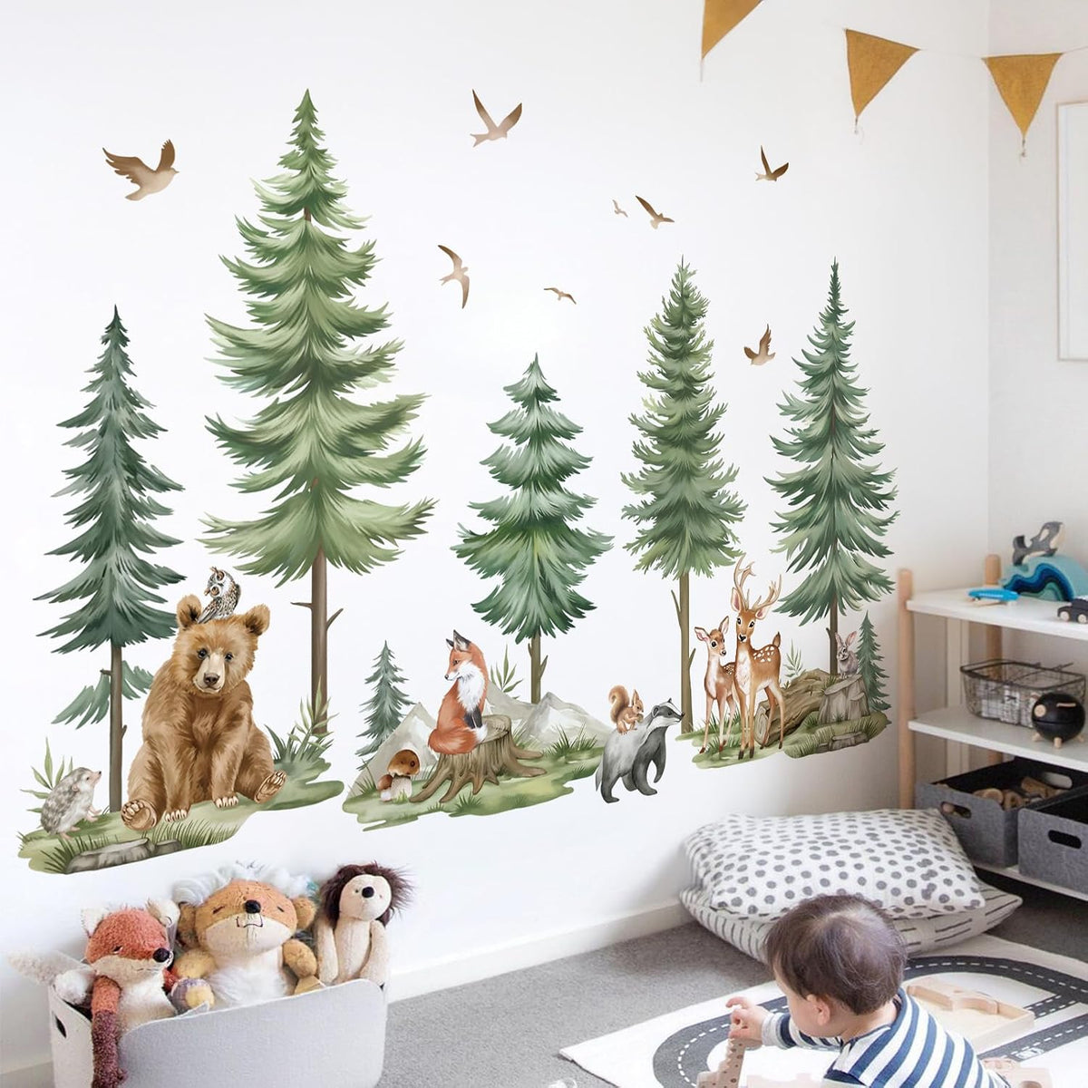 wondever Mountain Tree Wall Decals Forest Animals Bear Deer Wall Stickers