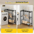 BORISI Broom And Mop Holder, Movable Broom Closet Storage Cabinet, Cleaning Cart with Mop Hanger Gripper Rack, Janitorial Cart, Utility Carts, Laundry Room Organization Home Essentials