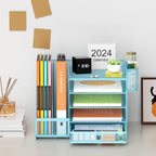 Marbrasse Desk Organizer with File Holder, 5-Tier Paper Letter Tray Organizer with Drawer and 2 Pen Holder, Mesh Desktop Organizer and Storage with Magazine Holder for Office Supplies(Blue)