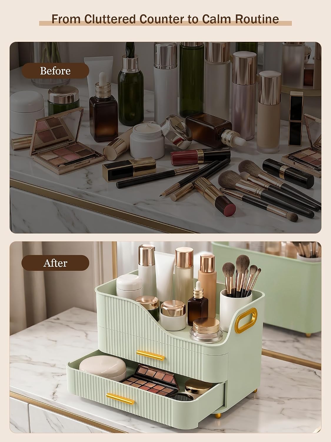 Large Makeup Organizer for Vanity, Bathroom Countertop, Green