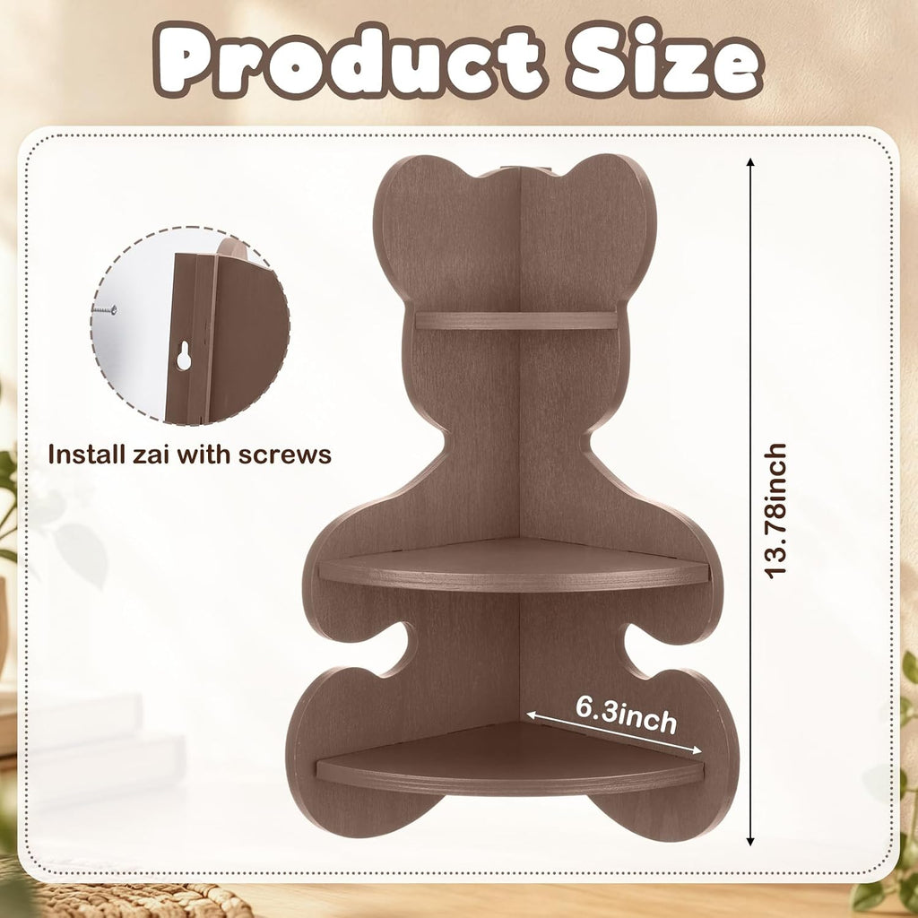 Novabright 3 Tier Bear Corner Shelf Wall Mounted Wooden Display 13.78 Inch