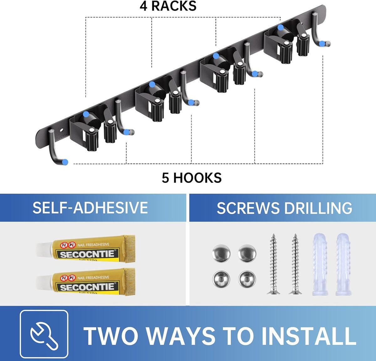 ZONGOOL 2 Pack Mop Broom Holder Wall Mount 4 Racks 5 Hooks Storage Black