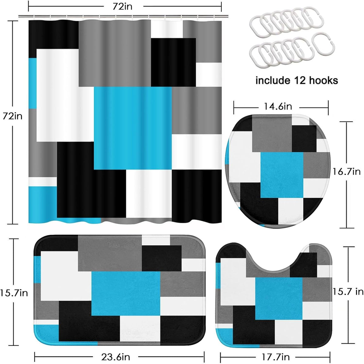 Bathroom Sets with Shower Curtain and Rugs, Set of 4 Blue Geometric
