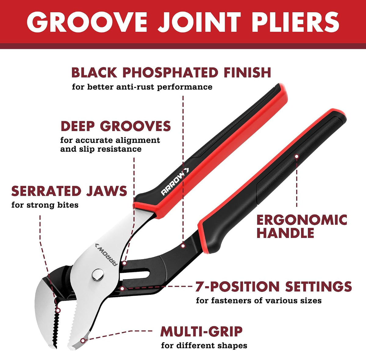 ARROW 12-Inch Groove Joint Pliers, Adjustable Water Pump Pliers with TPR Handle, High Carbon Steel Tongue and Groove Plier for Plumbing, Automotive and Household Repairs