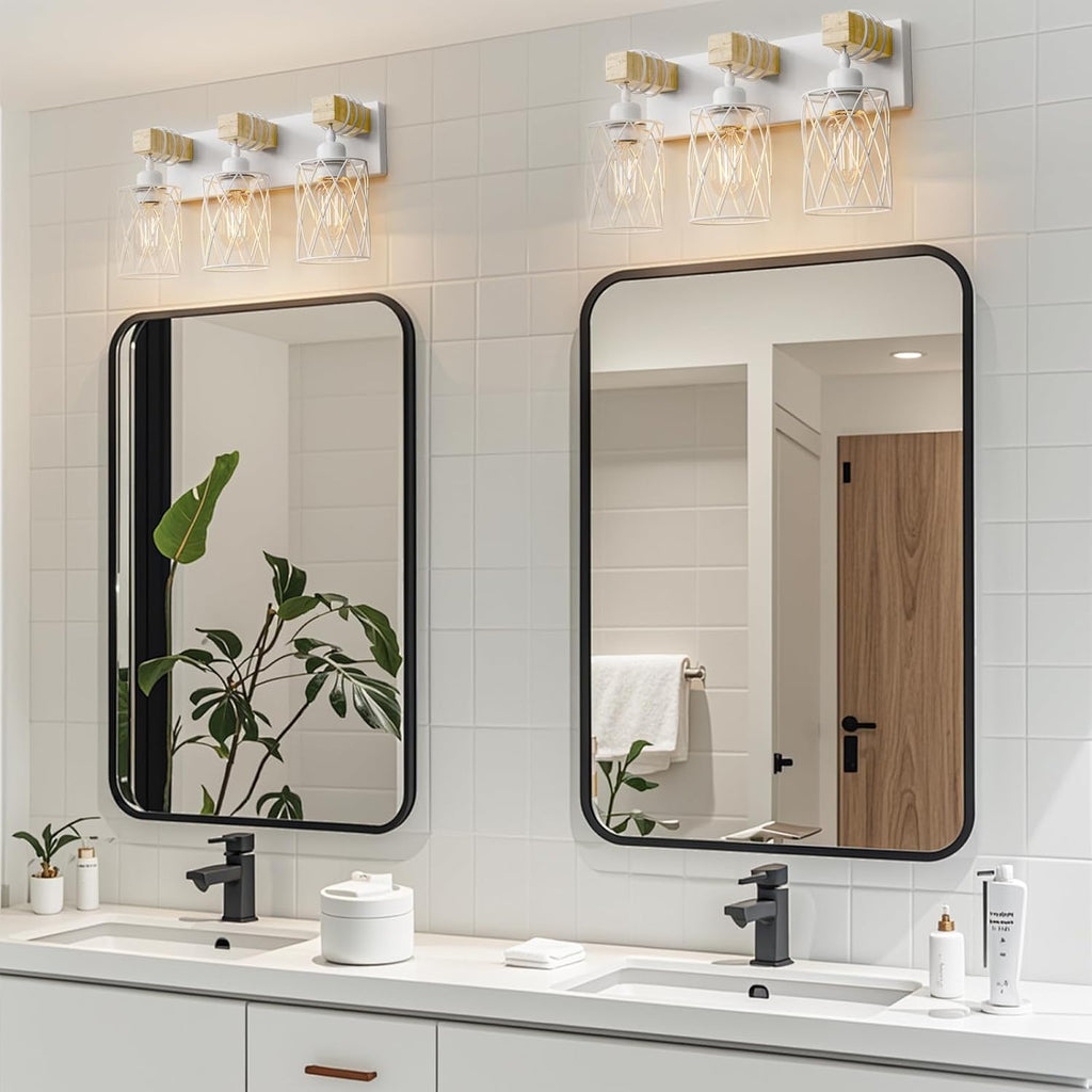 IZORRO Farmhouse Bathroom Vanity Light, 3-Light Wood Bathroom Light Fixtures Over Mirror, Matte White Industrial Vanity Lights with Metal Shade, Rustic Restroom Lighting Fixtures