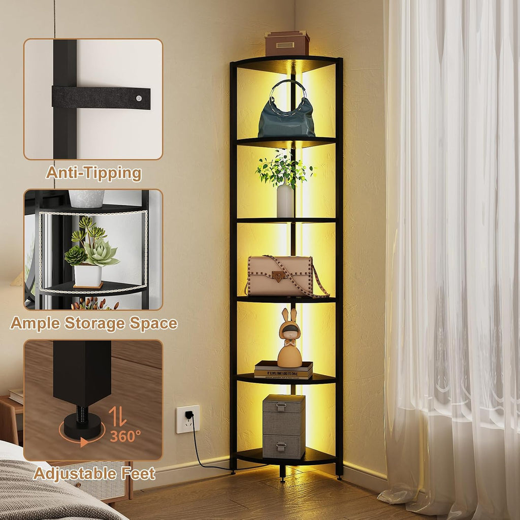 6-Tier Corner Shelf with LED Lights - 65" Tall Narrow Bookshelf, Standing Shelf with Storage Rack, Sturdy Metal Frame & Waterproof Shelves, Rustic Brown, for Living Room/Bedroom/Bathroom