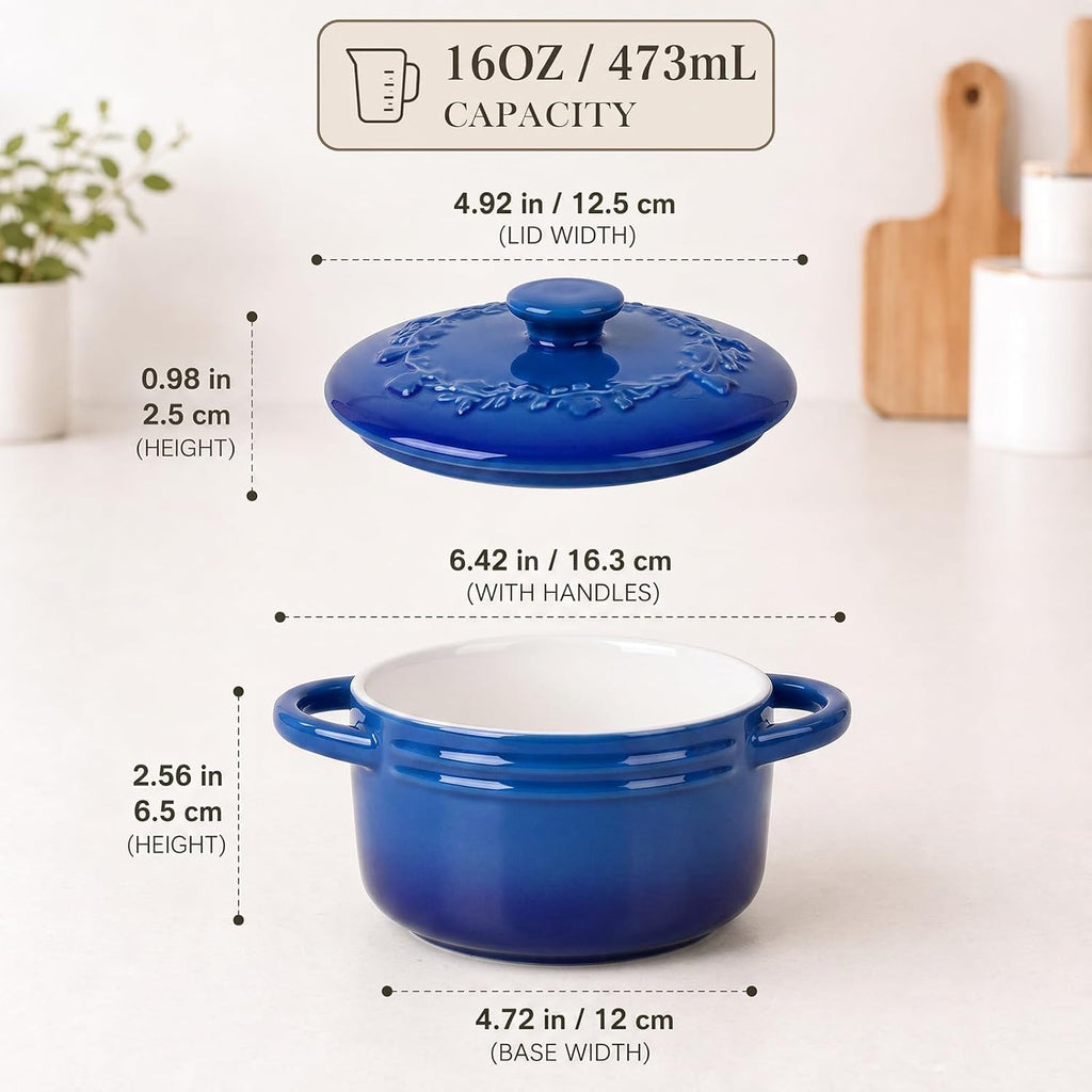Mini Cocotte 16oz Ceramic Casserole Dishes with Handles & Lid,Set of 4 Oven Microwave Dishwasher Safe Ramekins