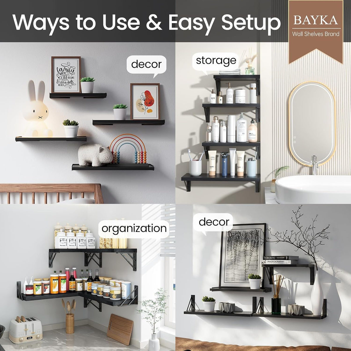 BAYKA Wall Mounted Black Floating Shelves for Wall (Set of 4, 16" Mixed)