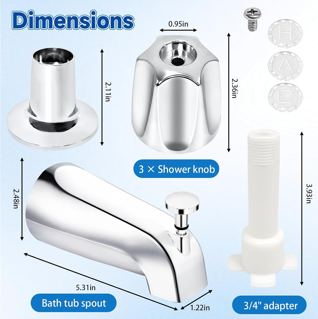 Bathtub Faucet Replacement Kit with Diverter Tub Spout, 3 Handle Shower Knob Set, Stainless Steel Tub Faucet Repair Kit for Tub & Shower, Fits 1/2" and 3/4" Connections