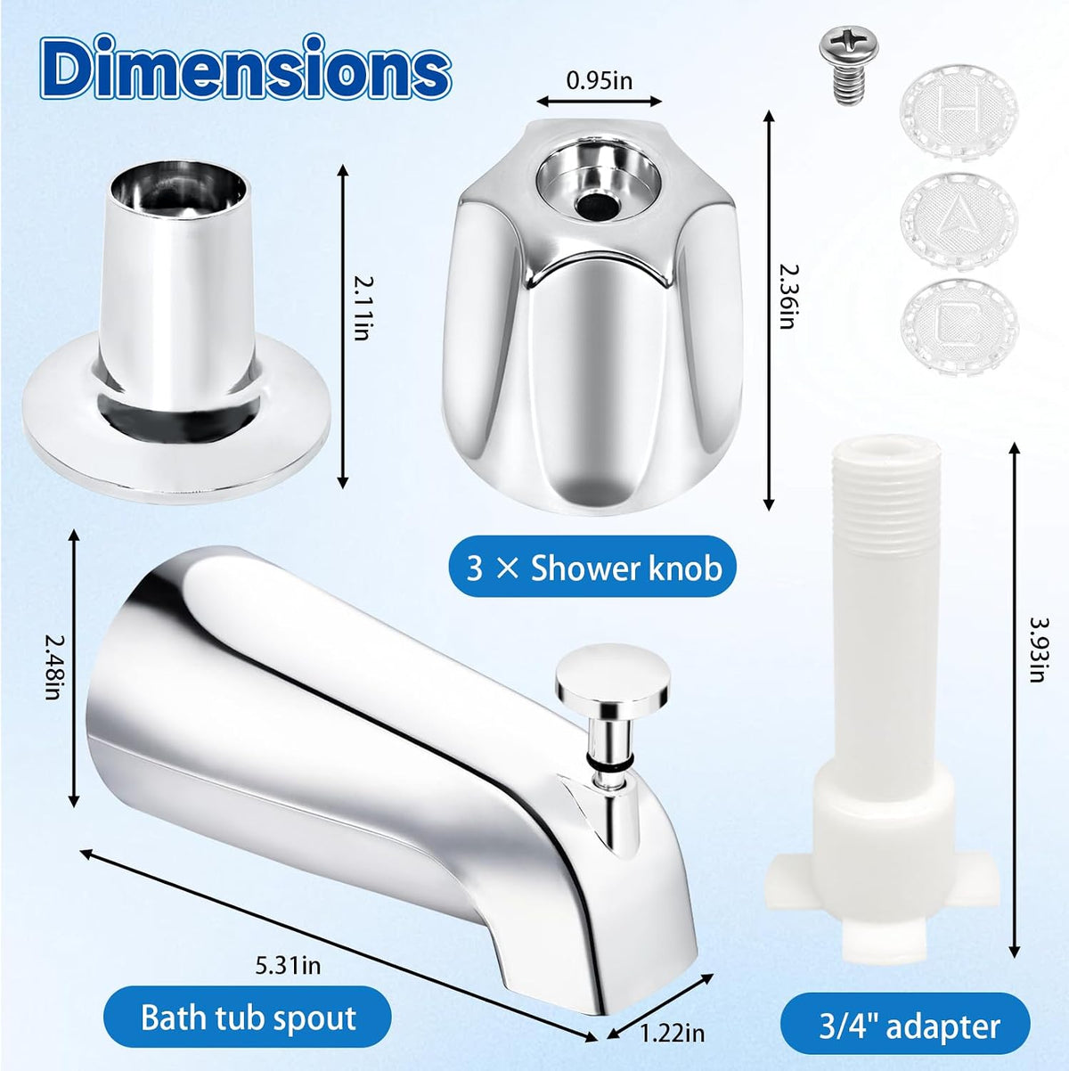 Bathtub Faucet Replacement Kit with Diverter Tub Spout, 3 Handle Shower Knob Set, Stainless Steel Tub Faucet Repair Kit for Tub & Shower, Fits 1/2" and 3/4" Connections