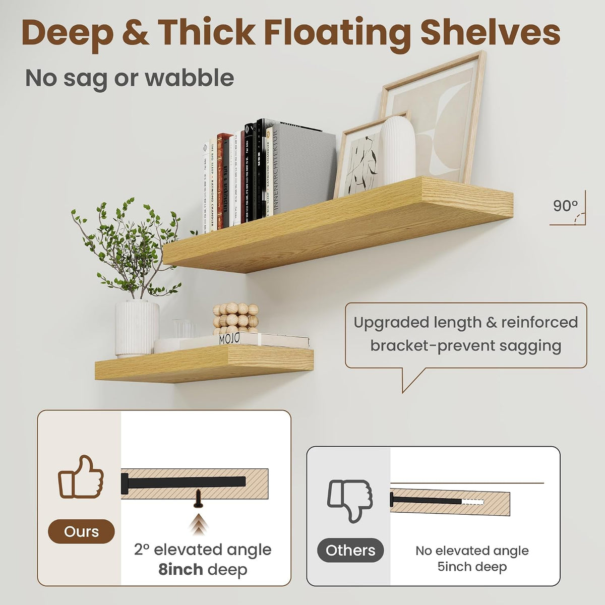 30 Inch Floating shelves for Wall, 8 Inch Deep, Invisible Brackets, Oak