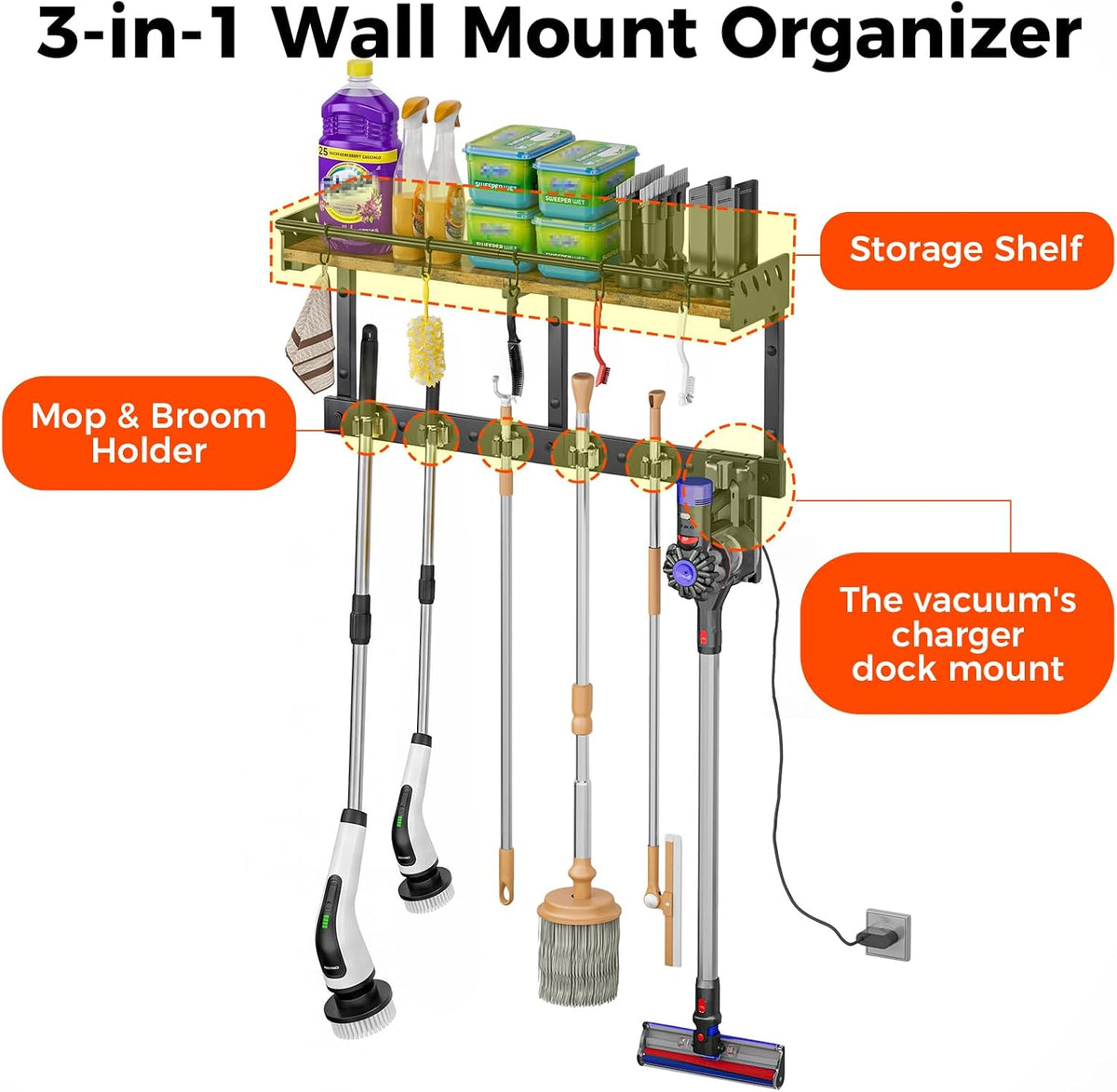 Broom Holder Wall Mount with Shelf, Black, L