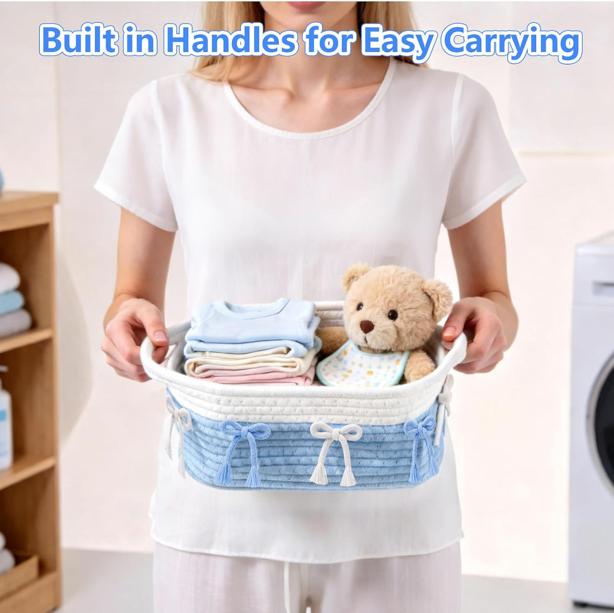2PC Blue Bow Baskets for Gift Cute Coquette Woven Rope Storage Basket with Handle Laundry Hamper Storage Bins for Home Decor Organization Nursery Baby Shower, 11.8''x7.8''x4.7''