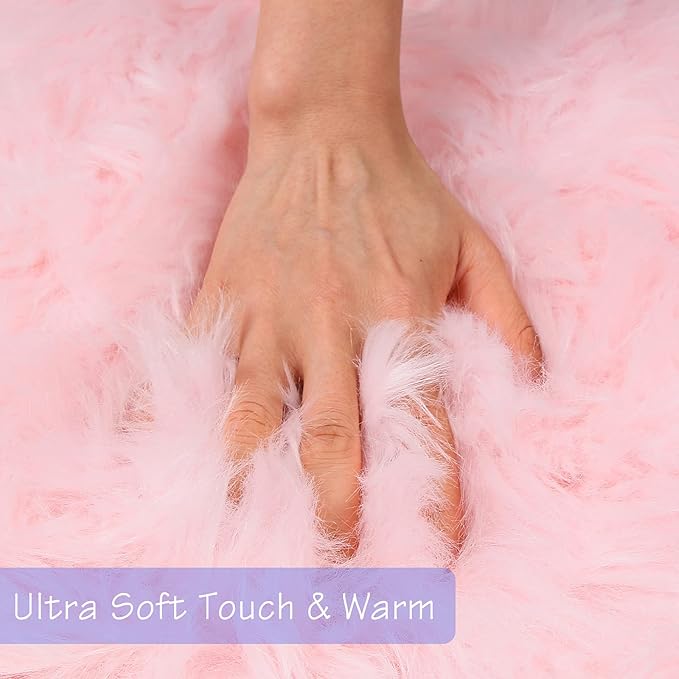 duduta Pink Faux Sheepskin Round Rug 4x4 ft, Fluffy Shag Fur Bedroom Nursery - Image 4