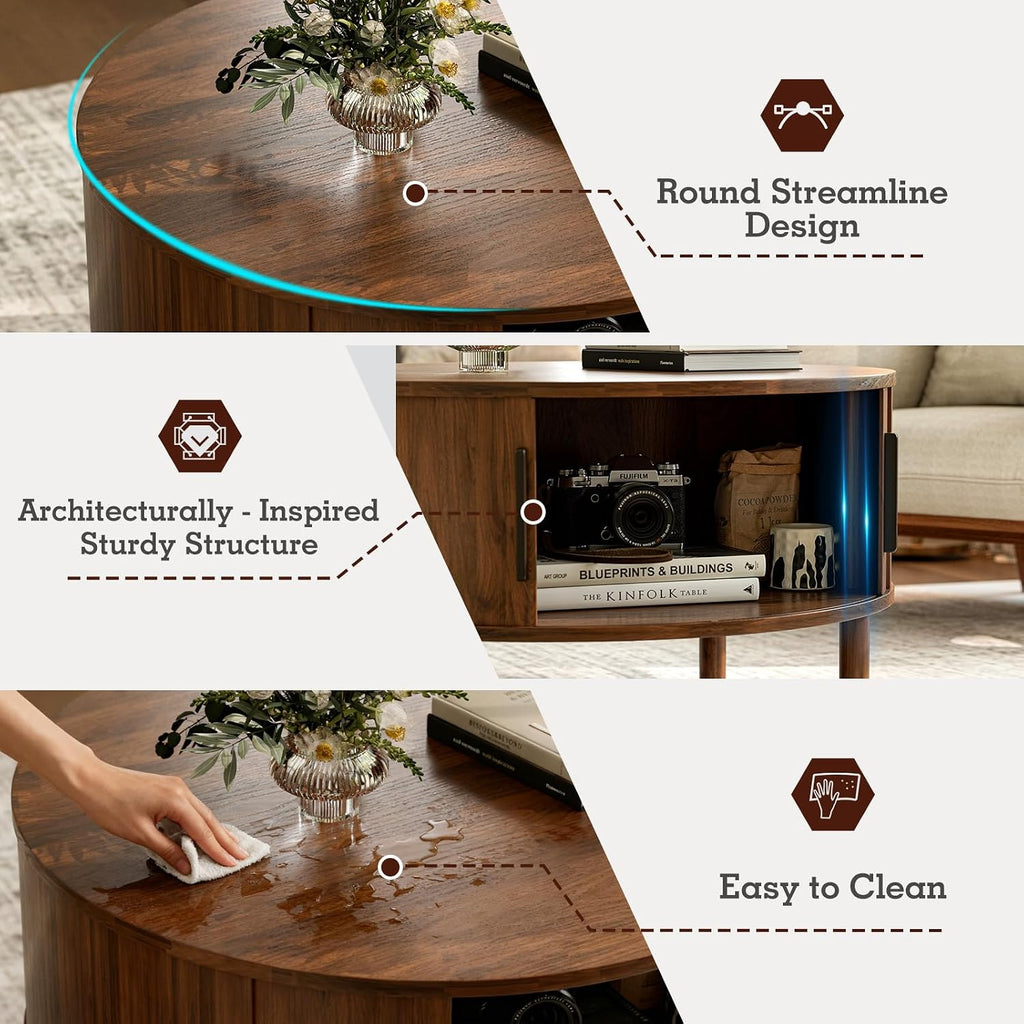 ZttRiee Round Coffee Table with Sliding Doors, Mid-Century, Walnut